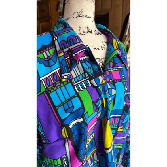 Vintage 70s vibrant bold novelty buildings print blouse - Picture 2 of 7